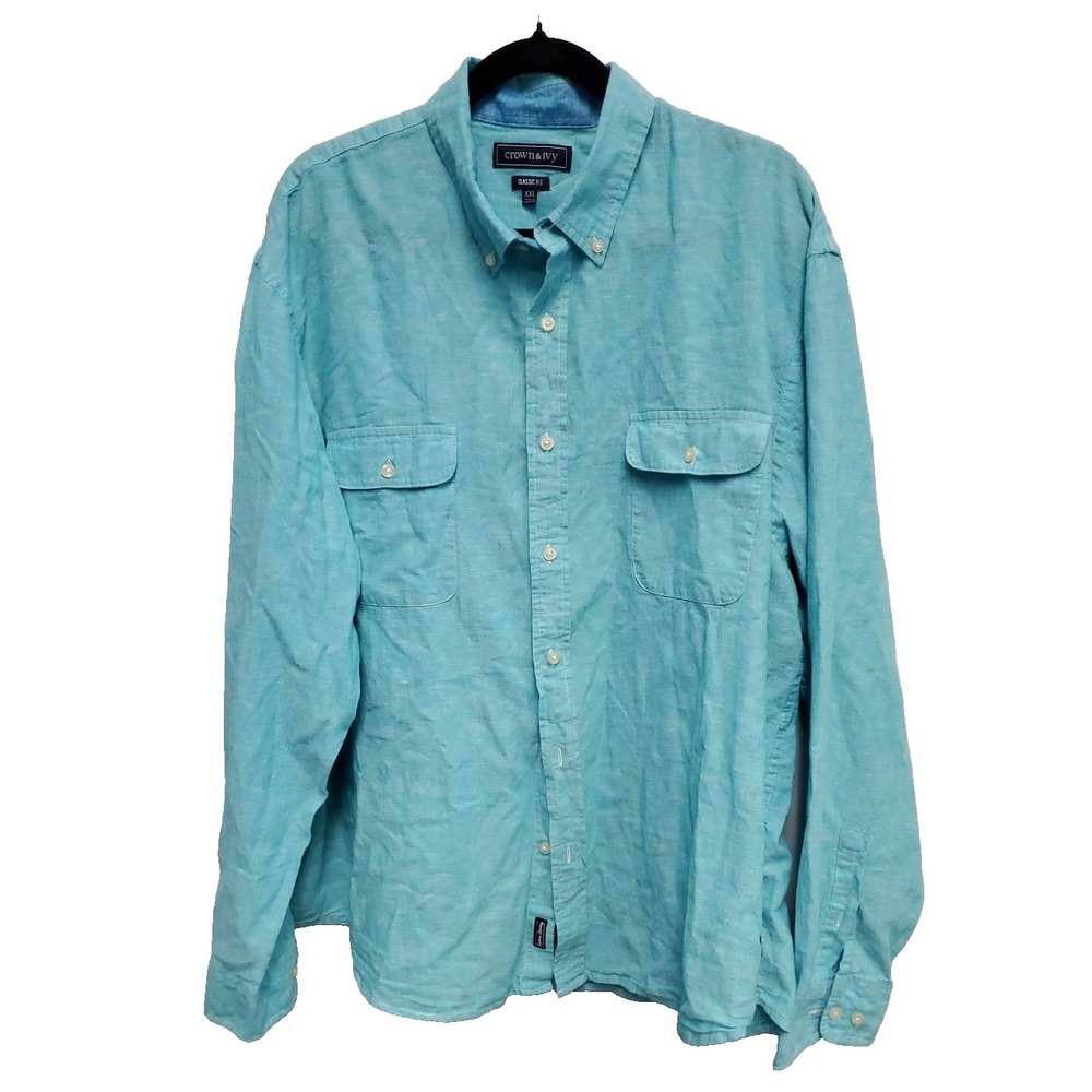 Crown & Ivy Men's Linen Blend Shirt XXL Aqua Blue Long Sleeve Button Pockets